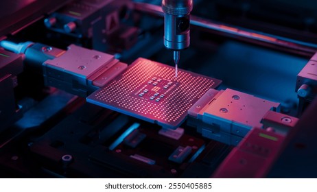 Advanced Microchip illuminated with Red Light in Industrial Environment. Computer Chip on Conveyor Line during Production and Packaging Process on Semiconductor Fab.