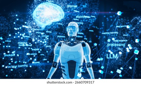 Advanced Neural Network Visualization, Featuring An Ai Robot, Dynamic Lines of Digitalization, Data Flow, Big Data Analysis, and Machine Learning Concepts in High-Tech, Futuristic Cyberspace