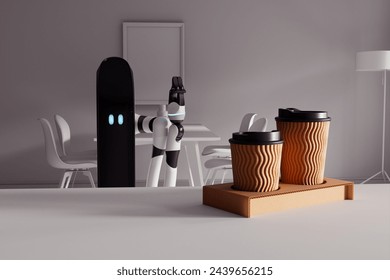 An advanced robotic arm skillfully presents elegantly crafted coffee cups on a sleek tray, showcasing modern automation in a stylish, minimalist cafe. - Powered by Shutterstock