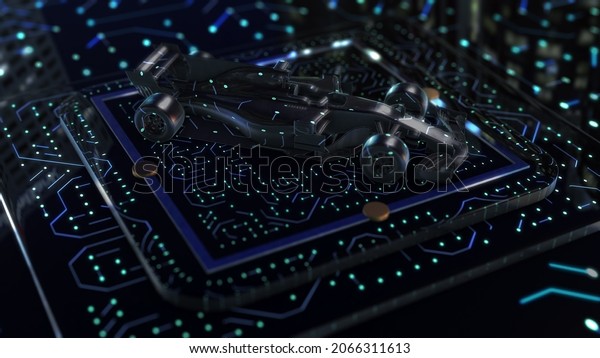 Advanced Technology Concept Visualization: Circuit\
Board CPU Processor Microchip Starting Artificial Intelligence\
Digitalization of Neural Networking and Cloud Computing Data and\
Race Car. 3D\
render