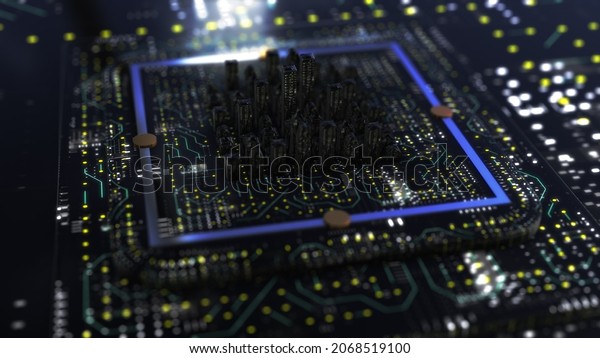 Advanced Technology Concept Visualization: Circuit\
Board CPU Processor Microchip Starting Artificial Intelligence\
Digitalization of Neural Networking and Cloud Computing Data and\
City. 3D render