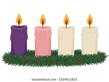 Advent Candle Clip Art. This image shows four lit candles in an Advent wreath with greenery and red berries. - Powered by Shutterstock - Get 15% off with code: PIKWIZARD15