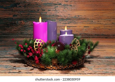 Advent - Christian religion. Christmas wreath with candles and decorations. 3D render illustration. - Powered by Shutterstock