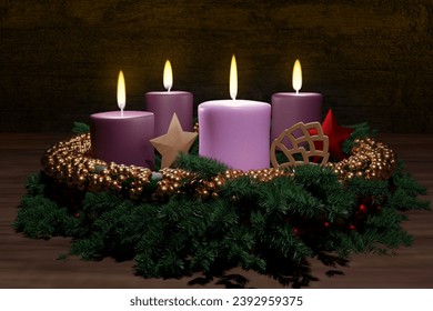 Advent wreath with four burning candles. Christmas decoration. 3D render illustration. - Powered by Shutterstock