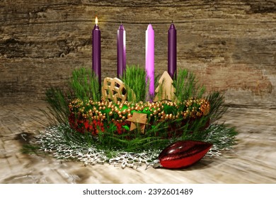 Advent wreath with one candle burning. First Sunday concept. 3D render illustration. - Powered by Shutterstock