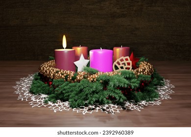 Advent wreath with one purple candle burning. First Sunday concept, Christmas decoration. 3D render illustration. - Powered by Shutterstock