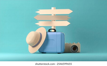 Adventure Awaits: A suitcase, a camera, and a straw hat sit ready for travel against  with a signpost pointing in directions AI generated.	 - Powered by Shutterstock