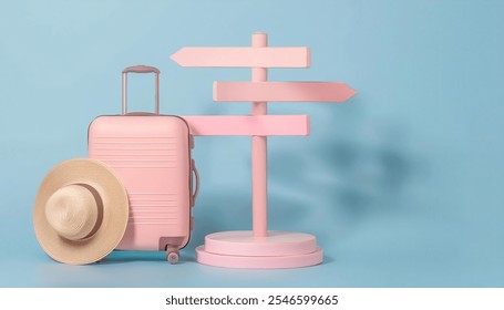 Adventure Awaits: A suitcase, a camera, and a straw hat sit ready for travel against  with a signpost pointing in directions AI generated.	 - Powered by Shutterstock