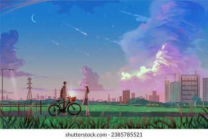 Adventure couple meet on city street  under dusk sky original picture digital art illustration hd wallpaper  - Powered by Shutterstock