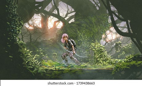 Adventure Girl Holding A Bow In The Forest, Digital Art Style, Illustration Painting