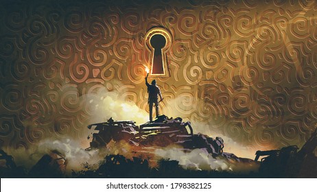 l'aventurier avec une torche debout et regardant un grand trou de serrure sur le mur de laiton, style art numérique, illustration