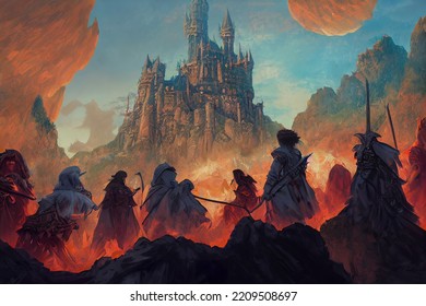 Adventure Party Encounters Fantasy Castle Landscape Epic View Digital Painting Concept Art Illustration