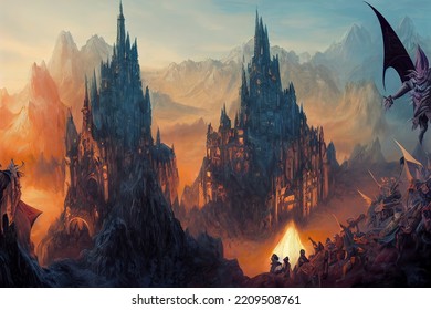 Adventure Party Encounters Fantasy Castle Landscape Epic View Digital Painting Concept Art Illustration