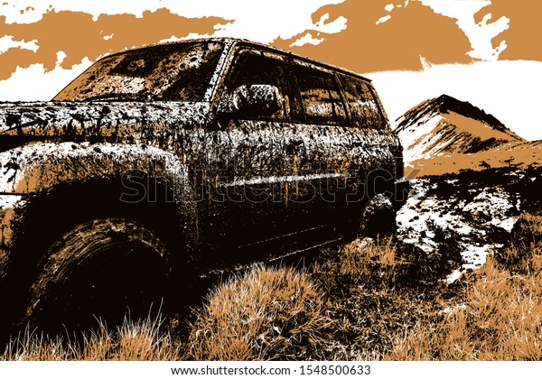 Adventure travel concept background. 4x4\
off-road SUV car stuck in mud.  Off road\
car.