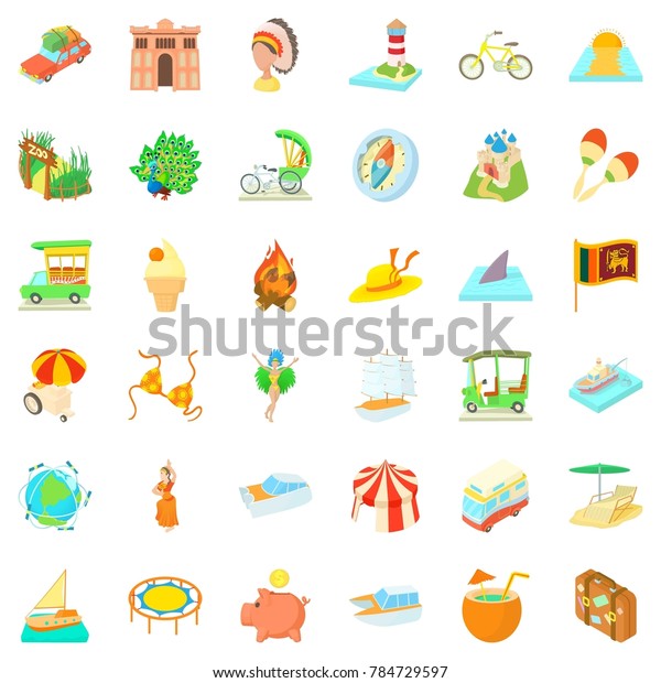 Adventure travel icons\
set. Cartoon style of 36 adventure travel  icons for web isolated\
on white\
background