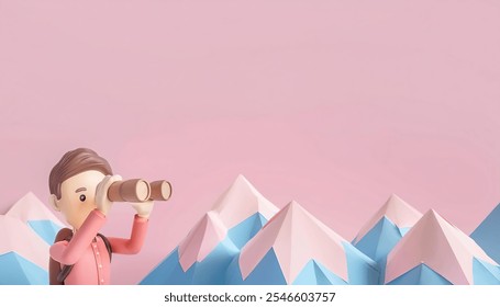 Adventurous 3D Cartoon Hiker: A cheerful cartoon man with a backpack uses binoculars to explore a mountain range. Perfect for travel, adventure, and exploration themes AI generated. - Powered by Shutterstock