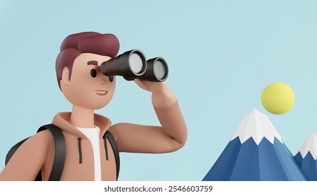 Adventurous 3D Cartoon Hiker: A cheerful cartoon man with a backpack uses binoculars to explore a mountain range. Perfect for travel, adventure, and exploration themes AI generated. - Powered by Shutterstock