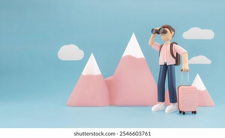 Adventurous 3D Cartoon Hiker: A cheerful cartoon man with a backpack uses binoculars to explore a mountain range. Perfect for travel, adventure, and exploration themes AI generated. - Powered by Shutterstock