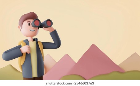 Adventurous 3D Cartoon Hiker: A cheerful cartoon man with a backpack uses binoculars to explore a mountain range. Perfect for travel, adventure, and exploration themes AI generated. - Powered by Shutterstock