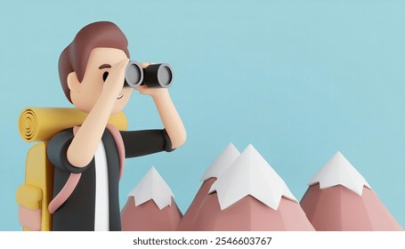 Adventurous 3D Cartoon Hiker: A cheerful cartoon man with a backpack uses binoculars to explore a mountain range. Perfect for travel, adventure, and exploration themes AI generated. - Powered by Shutterstock