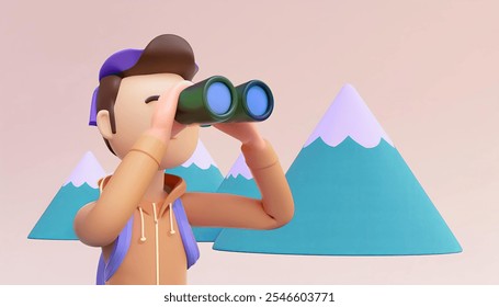 Adventurous 3D Cartoon Hiker: A cheerful cartoon man with a backpack uses binoculars to explore a mountain range. Perfect for travel, adventure, and exploration themes AI generated. - Powered by Shutterstock