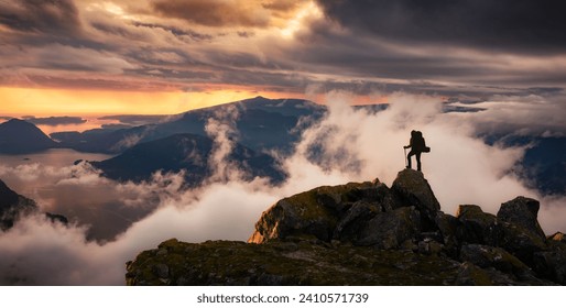 Adventurous Adult Woman Hiker on top of Rocky Mountain. 3D Rendering Peak. Sunset Sky. Background from British Columbia, Canada. Adventure Sport Concept - Powered by Shutterstock