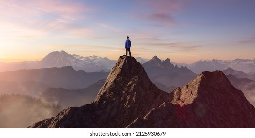 Adventurous Man Hiker Standing on top of a rocky mountain overlooking the dramatic landscape at sunset. 3d rendering peak. Background image from British Columbia, Canada. Adventure Concept Artwork