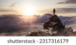 Adventurous Man Standing on top of Mountain Cliff. Extreme Adventure Composite. 3d Rendering Peak. Background Aerial Image from British Columbia, Canada.