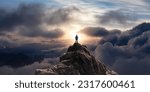 Adventurous Man Standing on top of Mountain Cliff. Extreme Adventure Composite. 3d Rendering Peak. Background Aerial Image from British Columbia, Canada.