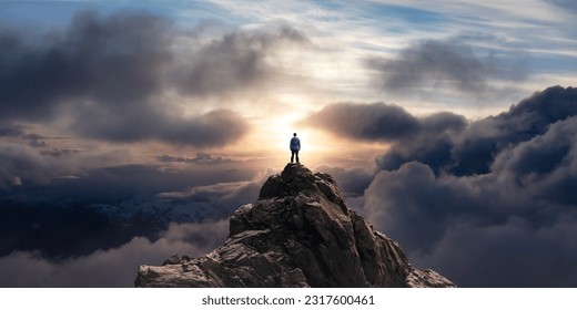 Adventurous Man Standing on top of Mountain Cliff. Extreme Adventure Composite. 3d Rendering Peak. Background Aerial Image from British Columbia, Canada. - Powered by Shutterstock