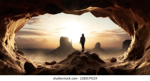 Adventurous Woman standing in a cave with rocky mountain. Sunset or Sunrise Sky. Adventure Art Composite. Landscape background from United States of America. 3d Rendering - Powered by Shutterstock