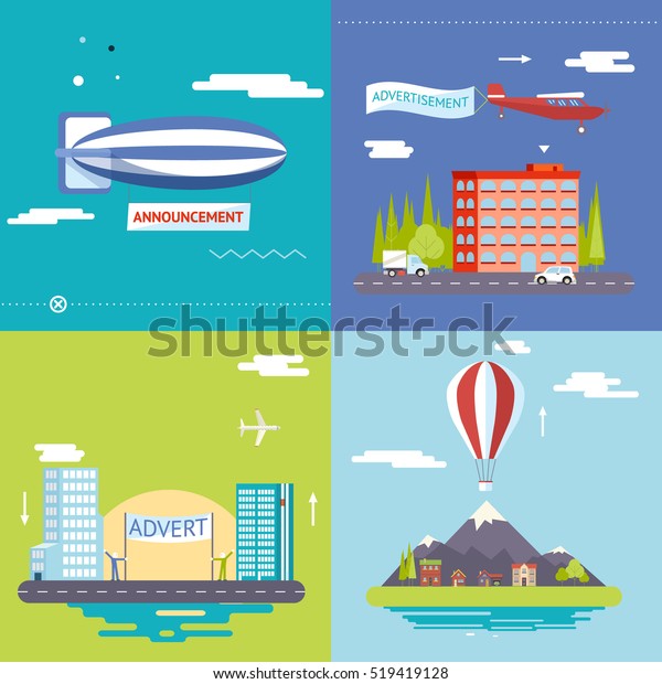 Advertisement Commercial Promotion poster\
Symbols airplane balloon city village mountains sky clouds icons\
Modern Flat Design Icon Template\
Illustration