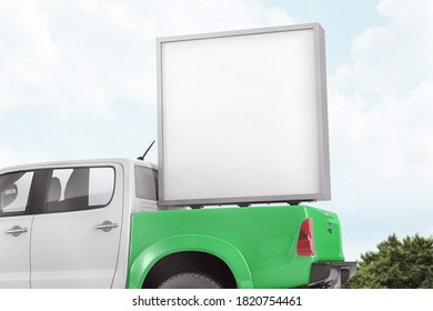 Advertising Box On The Back Of A Pickup Truck Mockup. 3D Rendering.