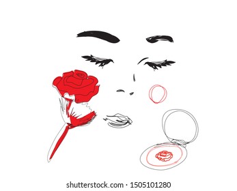 Advertising design concept for decorative cosmetics, face powder, lush.Beautiful face with lips, 
eyebrow, eyelashes,flower rose. Illustration on white background. - Powered by Shutterstock