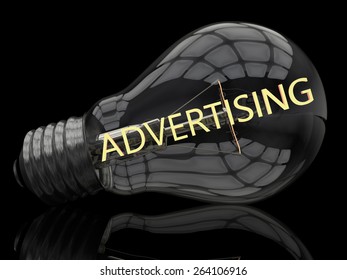 Advertising - lightbulb on black background with text in it. 3d render illustration.