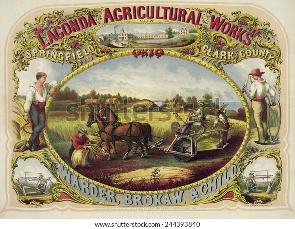 Advertising poster for the Laconda Reaper, one of first machines that revolutionized 19th century agriculture. The horse drawn reaper mowed down grain, and laborers hand binding the sheaves.