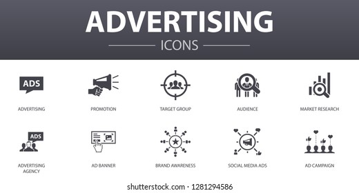 Advertising Simple Concept Icons Set. Contains Such Icons As Market Research, Promotion, Target Group, Brand Awareness And More, Can Be Used For Web, Logo, UI/UX