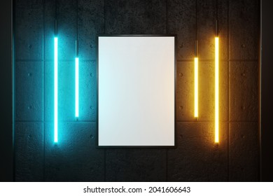 Advertising Wall Poster With Neon Mockup. 3D Rendering.