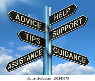 Advice Help Support And Tips Signpost Shows Information And Guidance. A Sign With Choices About Customer Service, Assistance And Tips.