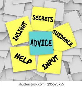 Advice Words On Sticky Notes Including Insight, Secrets, Guidance, Input And Help To Give You Information On How To Solve A Challenge