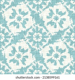 Aegean teal mottled flower linen texture background. Summer coastal living style 2 tone fabric effect. Sea green wash distressed grunge material. Decorative floral motif textile seamless pattern