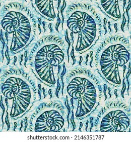 Aegean Teal Seashell Nautical Sealife Seamless Pattern. Grunge Distress Faded Linen Effect Background For Marine Home Decor Fabric Textiles. 