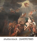Aeneas Receiving a New Set of Armour from Venus (1660 - 1663) by Ferdinand Bol. Vintage oil painting. Beautiful old artwork, oil painting. Vintage illustration.