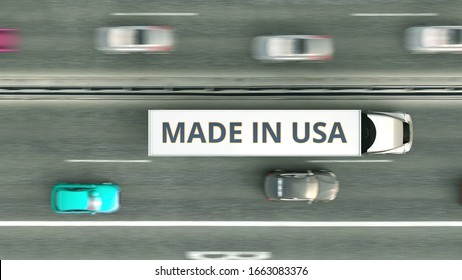 Aerial Overhead View Of Trailer Truck With MADE IN USA Text Driving Along The Highway. American Business Related 3D Rendering