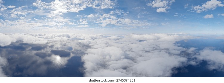 Aerial panorama of fluffy white clouds above a reflective ocean under a bright blue sky, 3d Rendering.