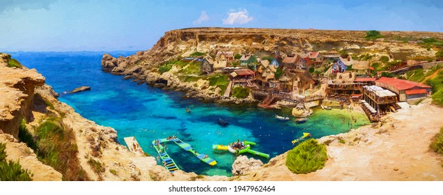 Aerial Panorama Of Popeye Village In The Sunny Day, Malta, Illustration Painting