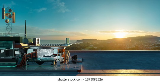 Aerial Panorama View Of Electric Car And Futuristic Charging Station With Beautiful Sunrise Landscape. Clean Energy Future And Ecology Of Transportation Concept. Photorealistic 3D Rendering.