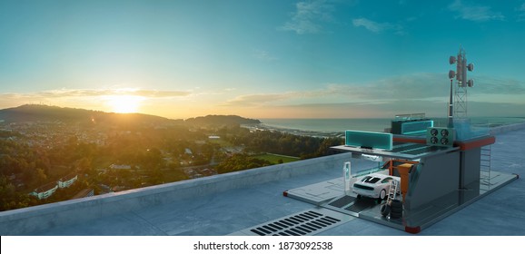 Aerial Panorama View Of Electric Car And Futuristic Charging Station With Beautiful Sunrise Landscape. Clean Energy Future And Ecology Of Transportation Concept. Photorealistic 3D Rendering.