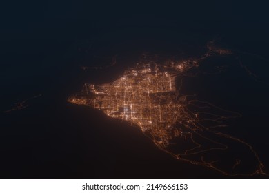 Aerial shot of Anchorage (Alaska, USA) at night, view from south. Imitation of satellite view on modern city with street lights and glow effect. 3d render, high resolution
