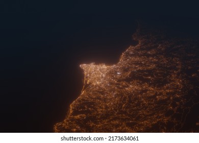 Aerial Shot Of Beirut (Lebanon) At Night, View From South. Imitation Of Satellite View On Modern City With Street Lights And Glow Effect. 3d Render, High Resolution